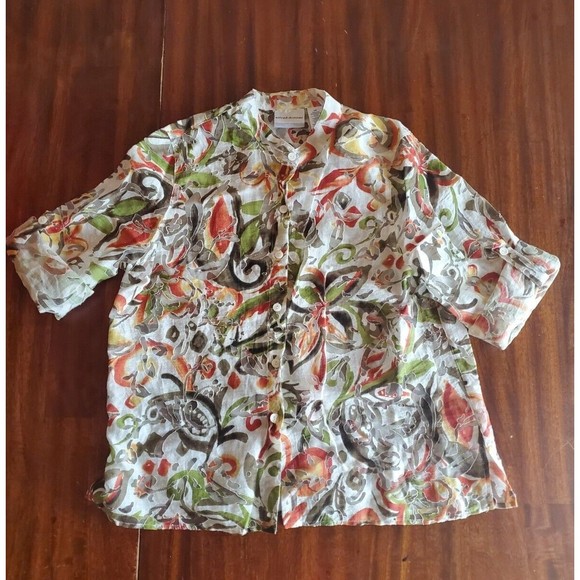 Alfred Dunner Plus Earth Toned Floral Semi Sheer 3/4 Sleeve Button Down Top 14 P - Picture 1 of 8